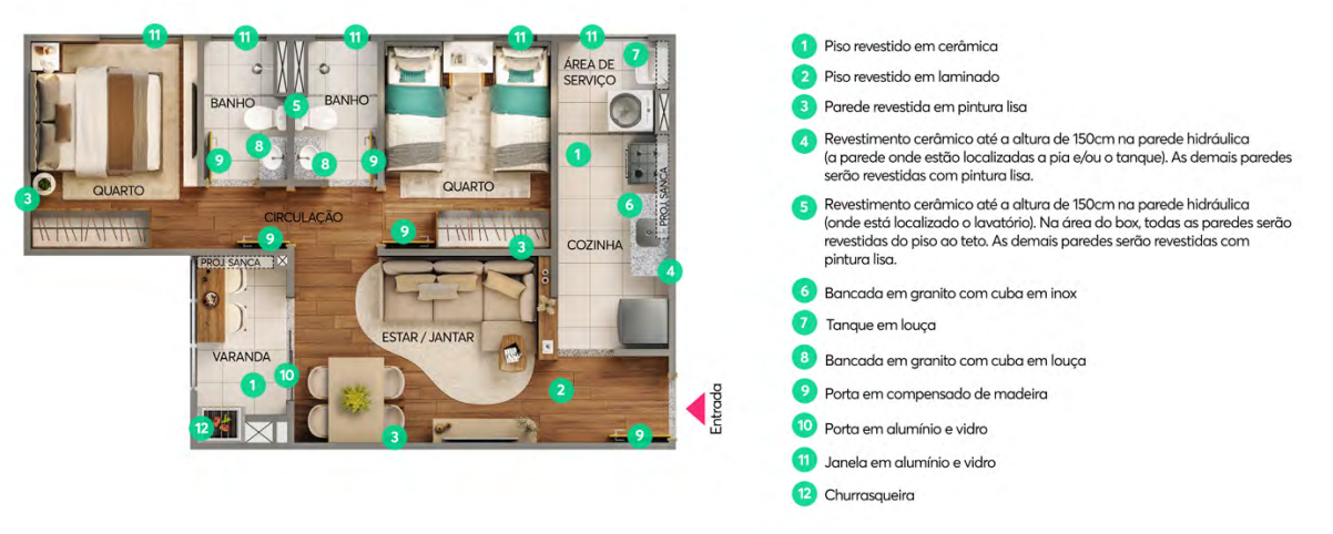 Planta baixa Chapada do Vale, apartamento com varanda e suíte, com churrasqueira
