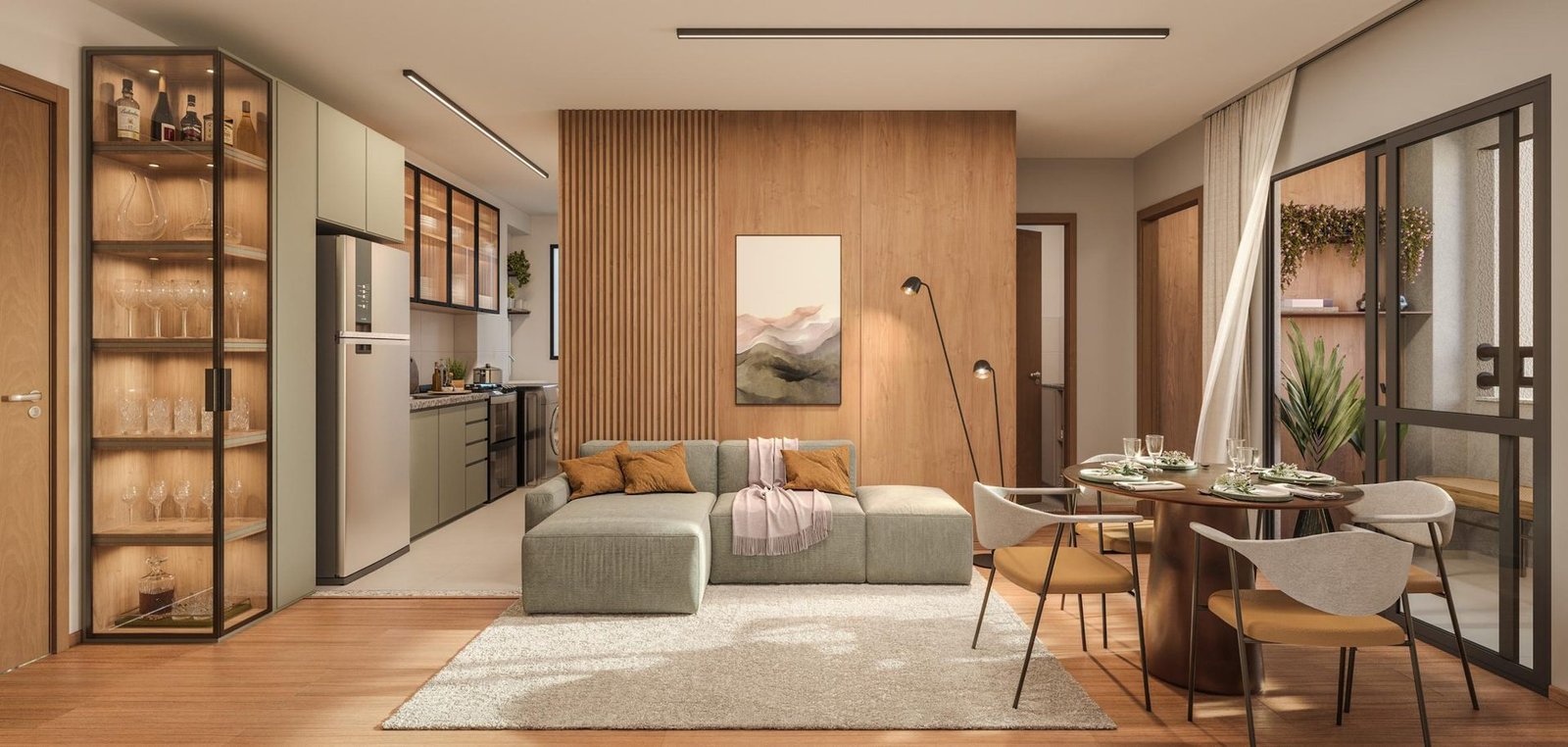 Sala integrada com cozinha no apartamento Áurea