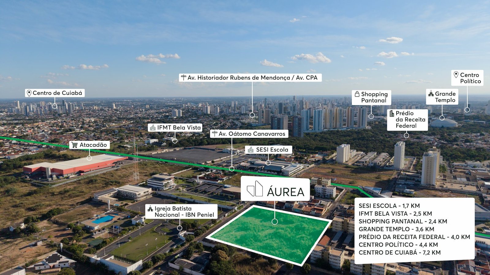 Foto aérea da localização do Áurea com SESI Escola, IFMT Bela Vista, Atacadão, Shopping Pantanal, Grande Templo, Receita Federal, Centro Político e Centro de Cuiabá
