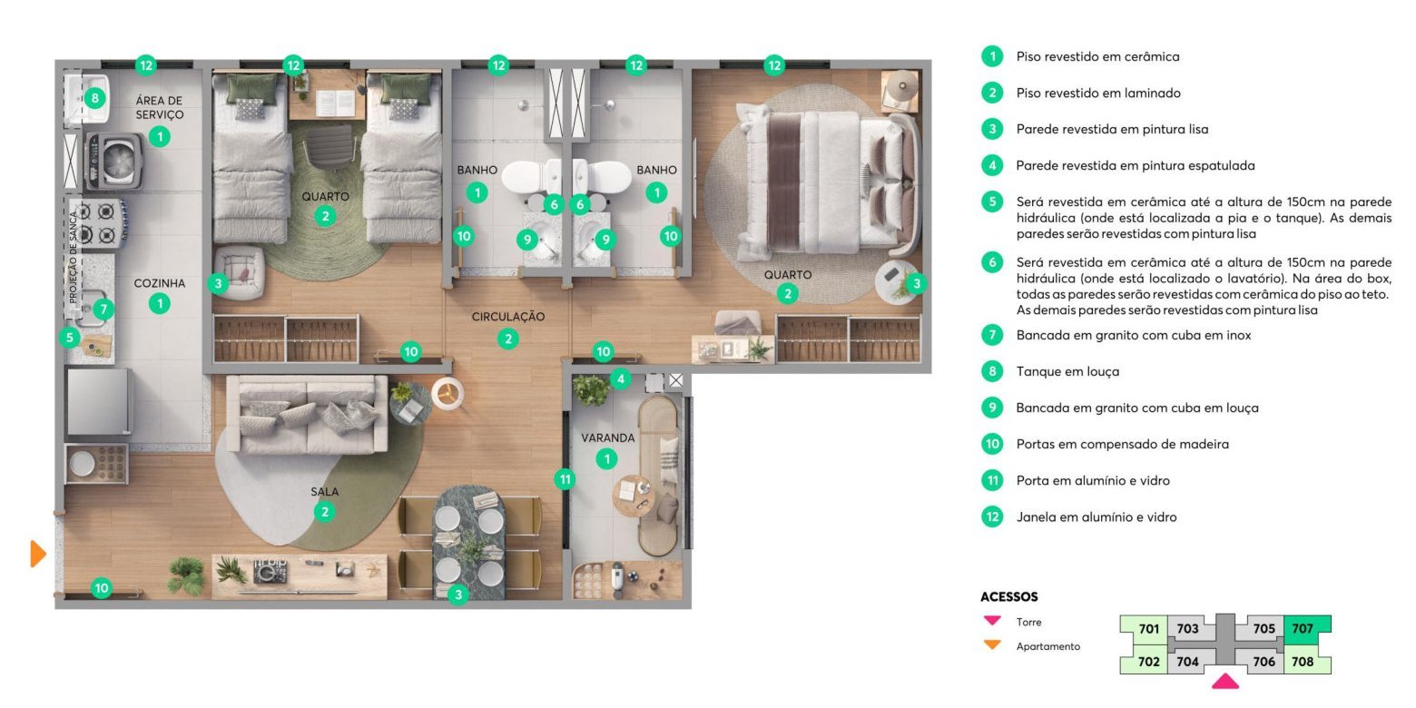 Planta baixa Áurea, apartamento tipo de 2 quartos com suíte e varanda, 49,03 m²