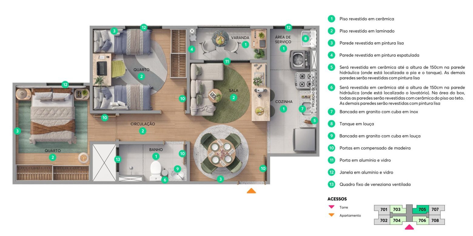 Planta baixa Áurea, apartamento tipo de 2 quartos com varanda, 43,86 m²
